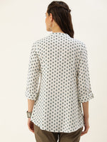 White & Blue Mandarin Collar Floral Print Tunic