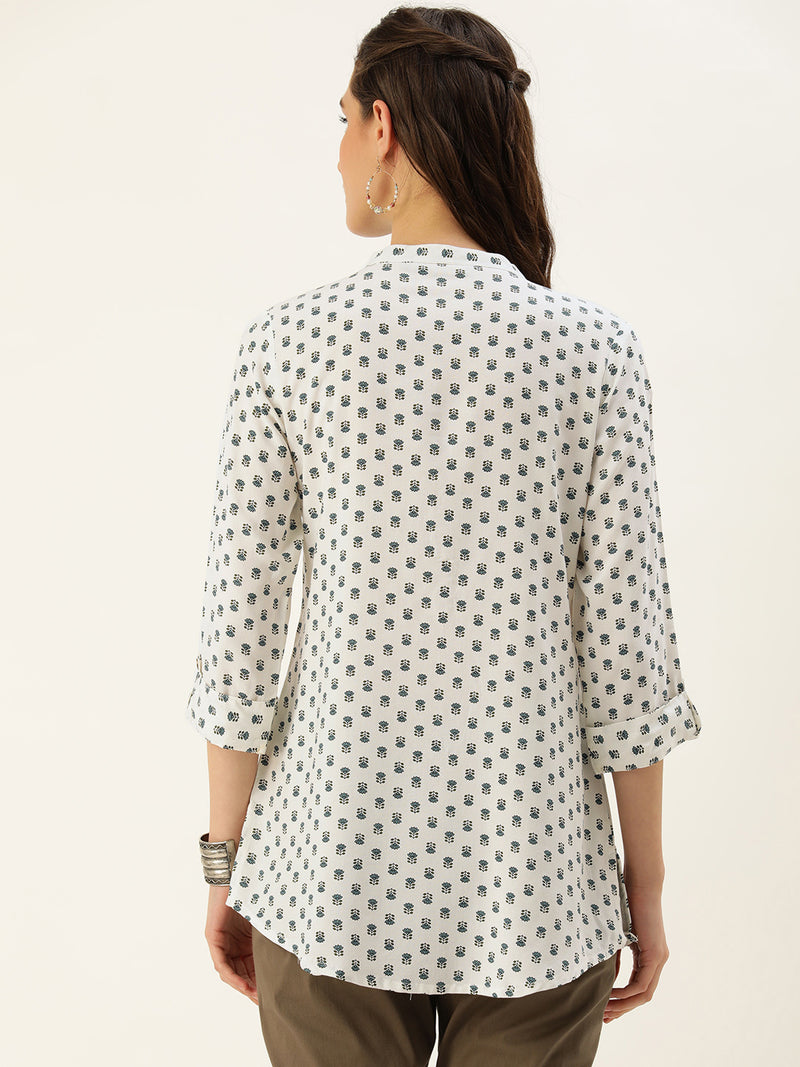 White & Blue Mandarin Collar Floral Print Tunic