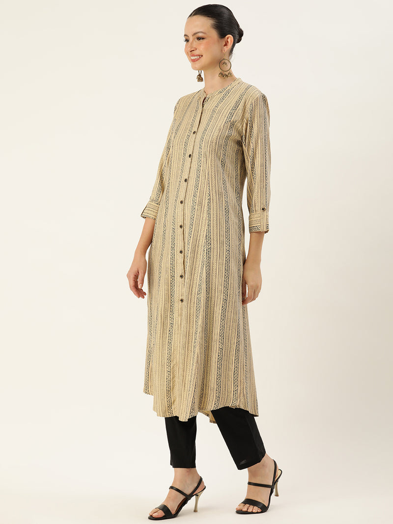 Beige & Black Abstract Printed Kurta