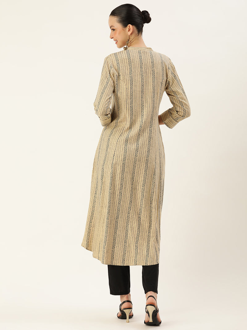 Beige & Black Abstract Printed Kurta