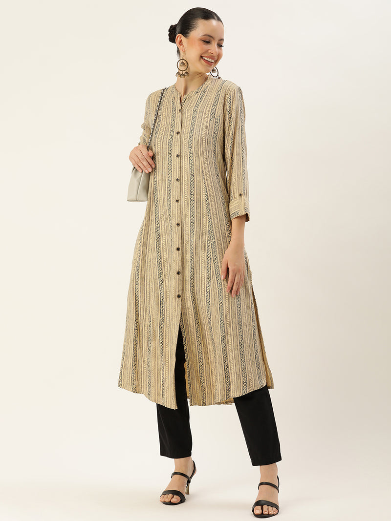 Beige & Black Abstract Printed Kurta
