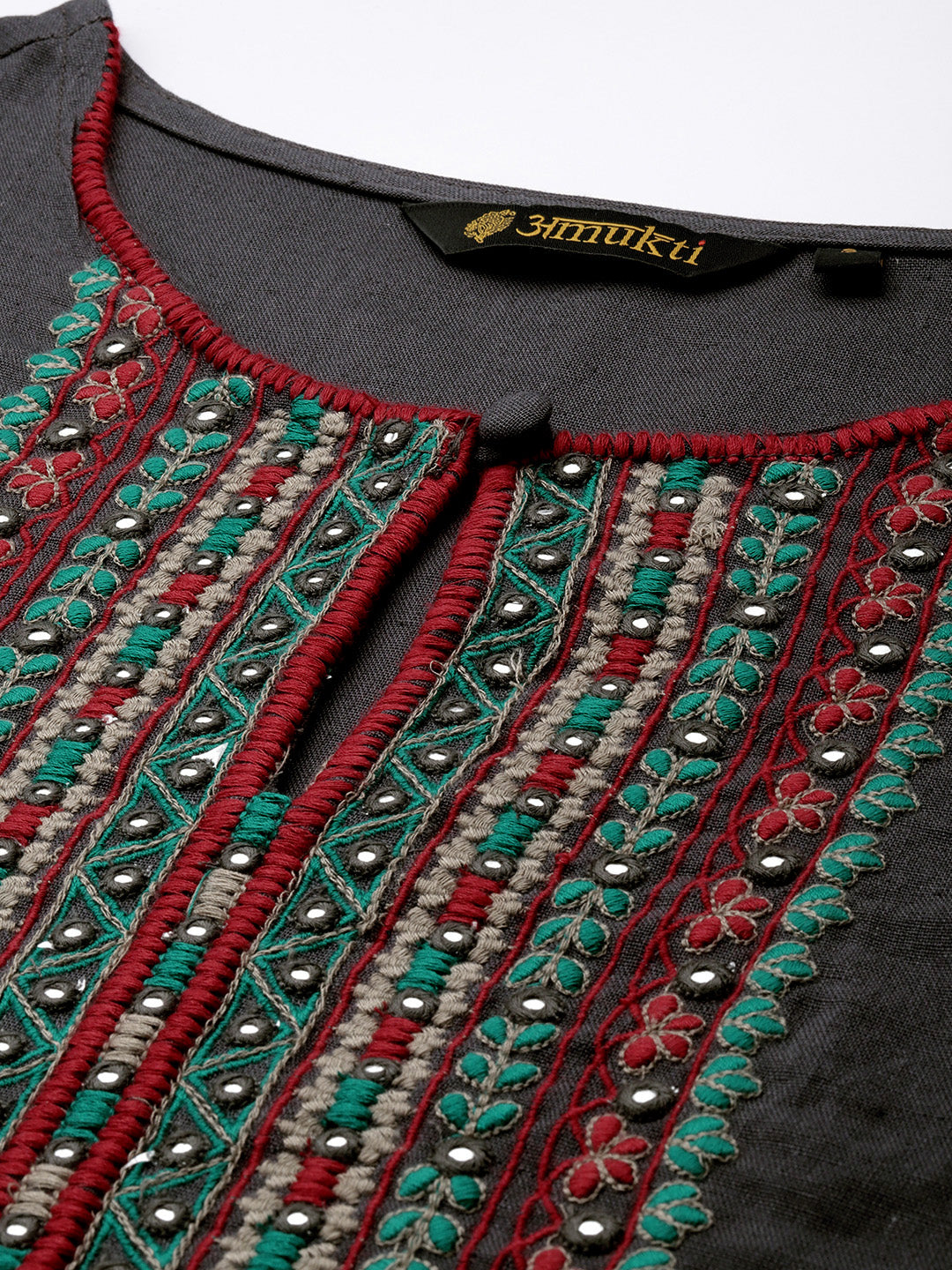 Grey Ethnic Motifs Embroidered Mirror Work Kurta