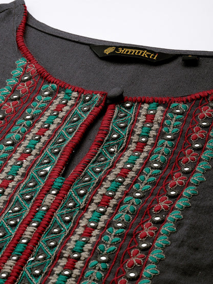 Grey Ethnic Motifs Embroidered Mirror Work Kurta