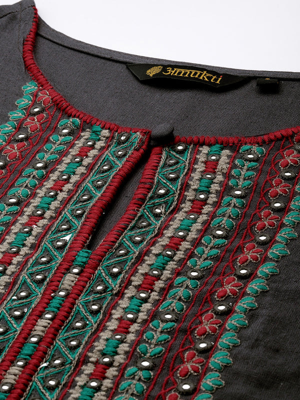 Grey Ethnic Motifs Embroidered Mirror Work Kurta
