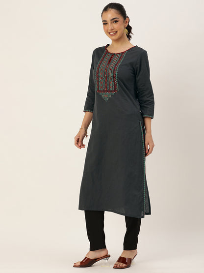 Grey Ethnic Motifs Embroidered Mirror Work Kurta