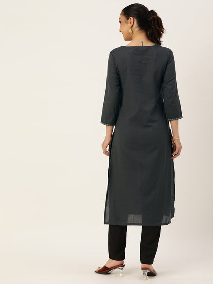Grey Ethnic Motifs Embroidered Mirror Work Kurta