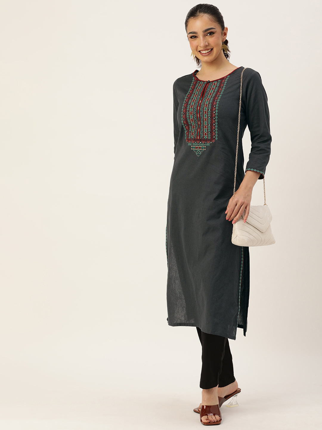 Grey Ethnic Motifs Embroidered Mirror Work Kurta