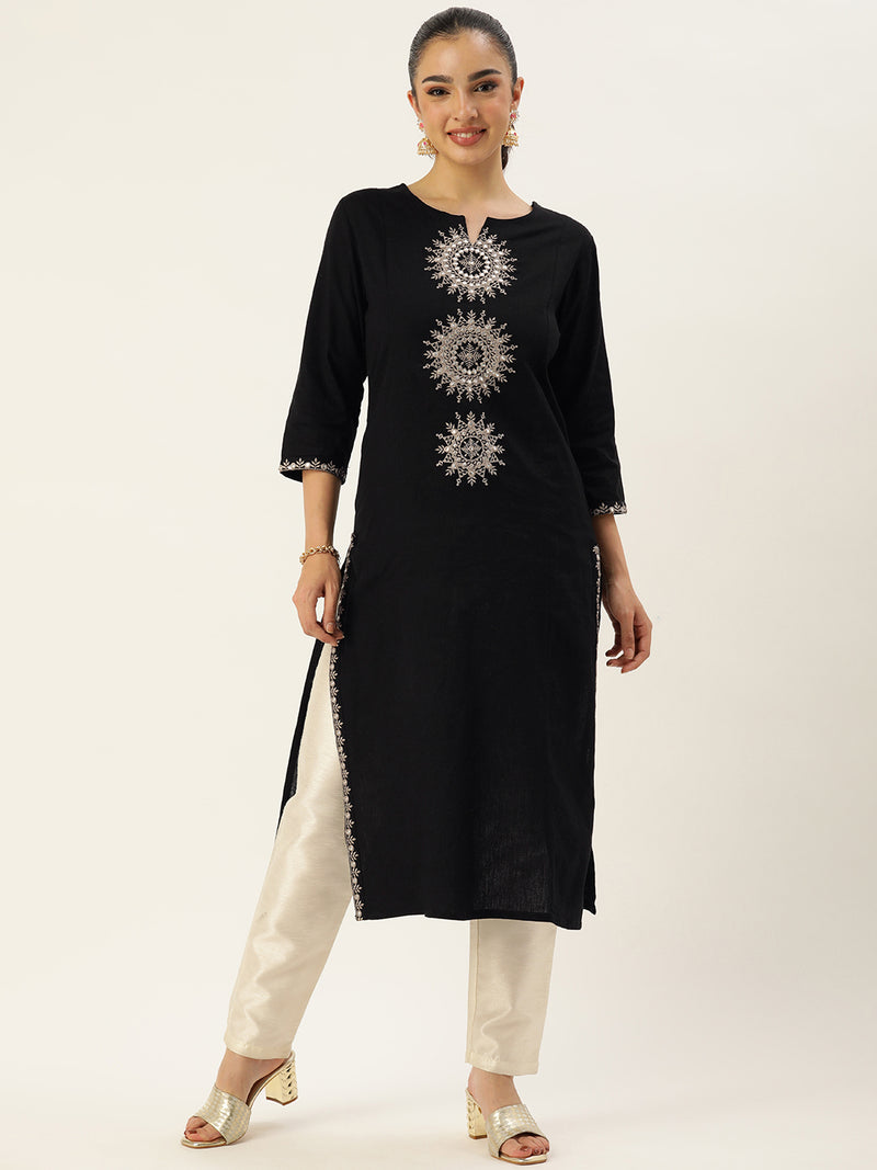 Black Ethnic Motifs Embroidered Mirror Work Kurta