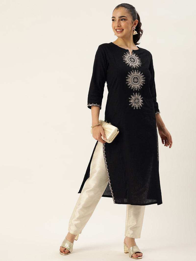 Black Ethnic Motifs Embroidered Mirror Work Kurta