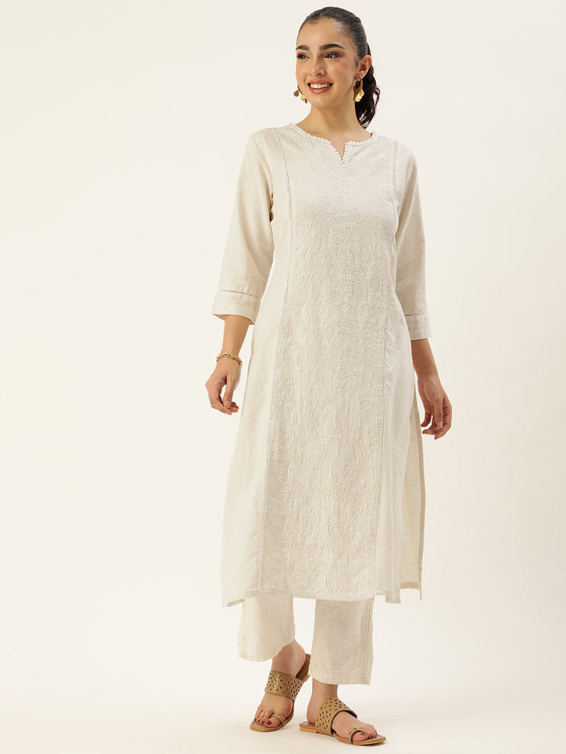 Beige Floral Embroidered Kurta