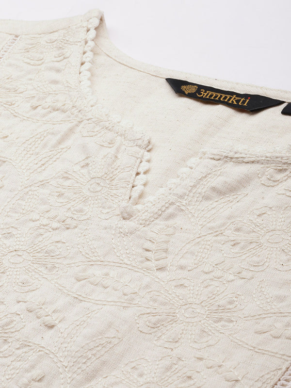 Beige Floral Embroidered Kurta