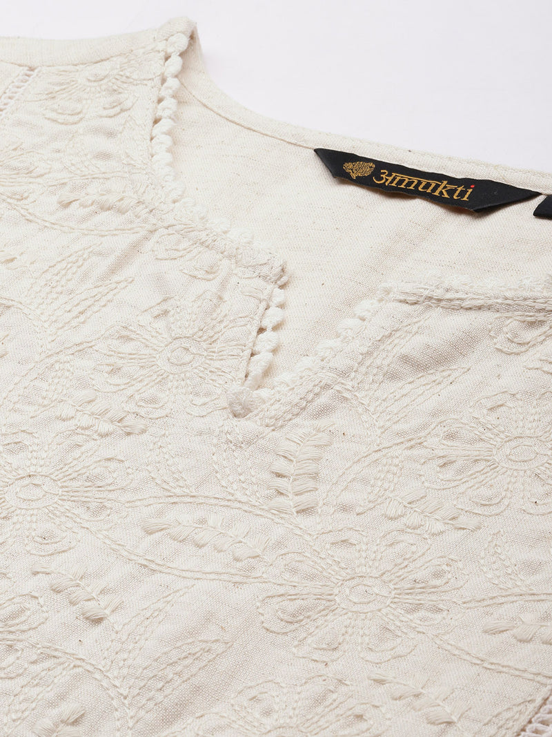 Beige Floral Embroidered Kurta