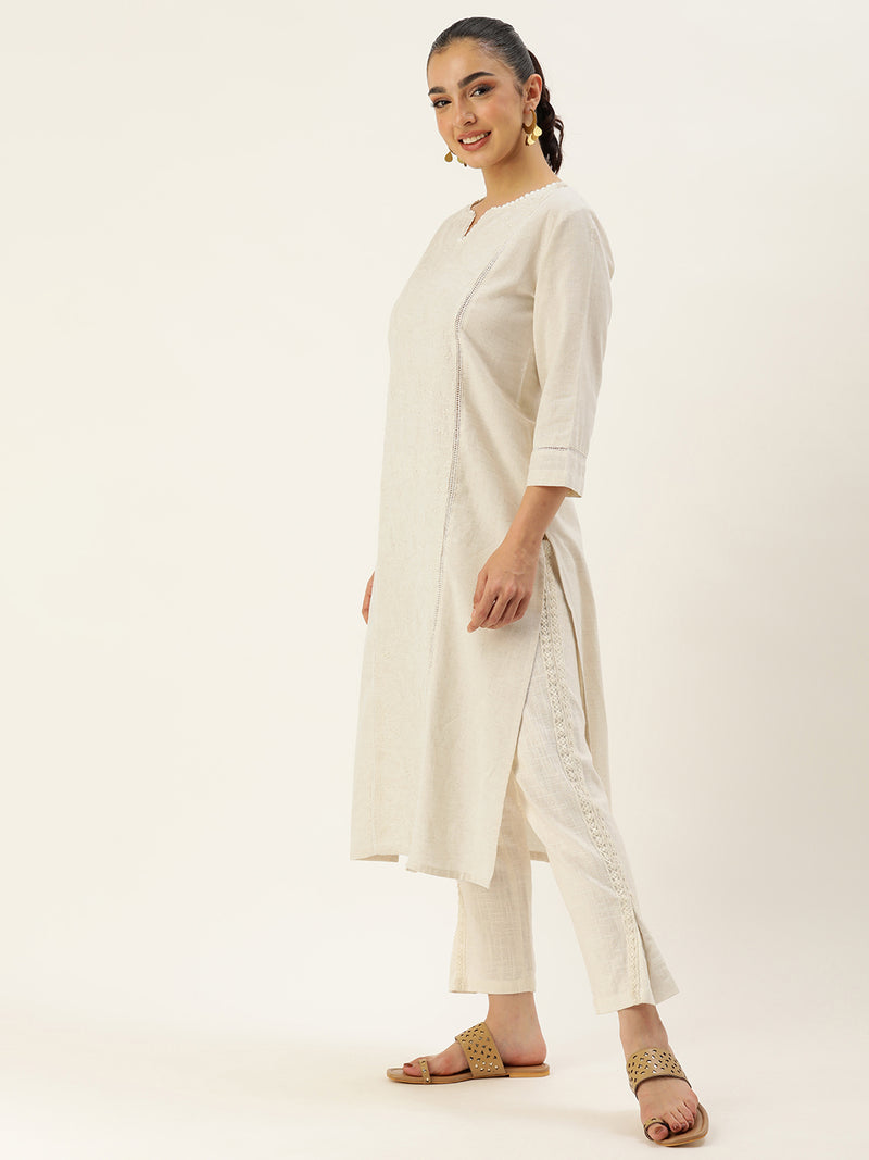 Beige Floral Embroidered Kurta