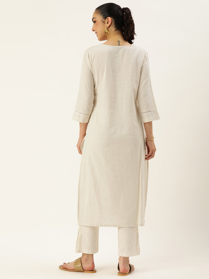 Beige Floral Embroidered Kurta