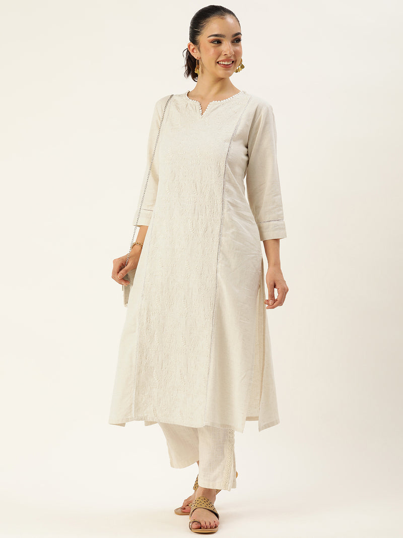 Beige Floral Embroidered Kurta