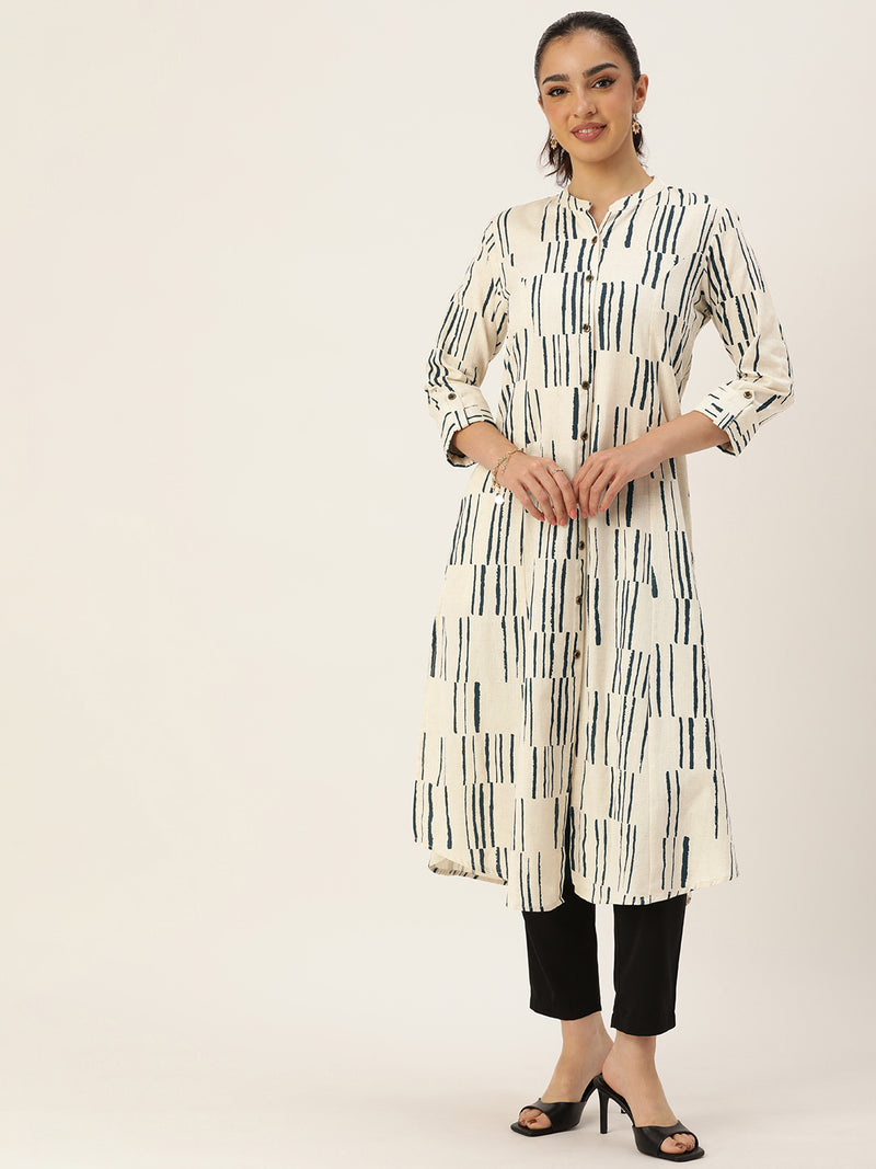 Beige & Blue Printed Mandarin Collar Kurta