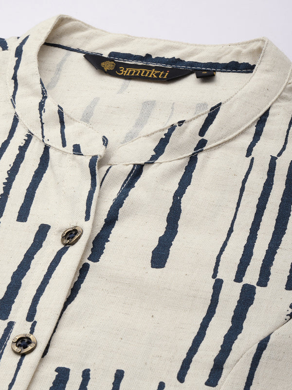 Beige & Blue Printed Mandarin Collar Kurta