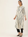 Beige & Blue Printed Mandarin Collar Kurta