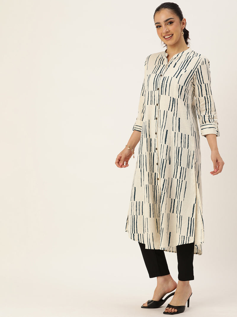 Beige & Blue Printed Mandarin Collar Kurta