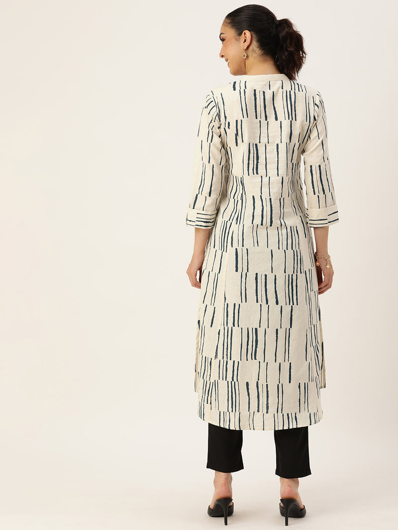 Beige & Blue Printed Mandarin Collar Kurta