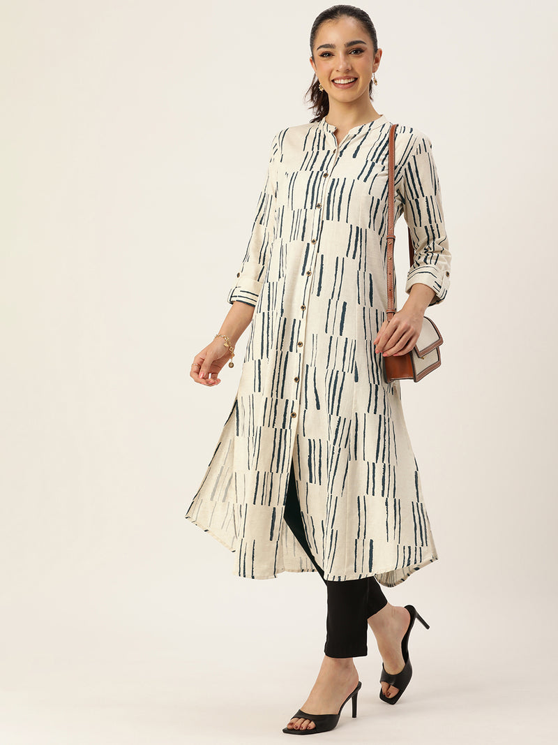 Beige & Blue Printed Mandarin Collar Kurta