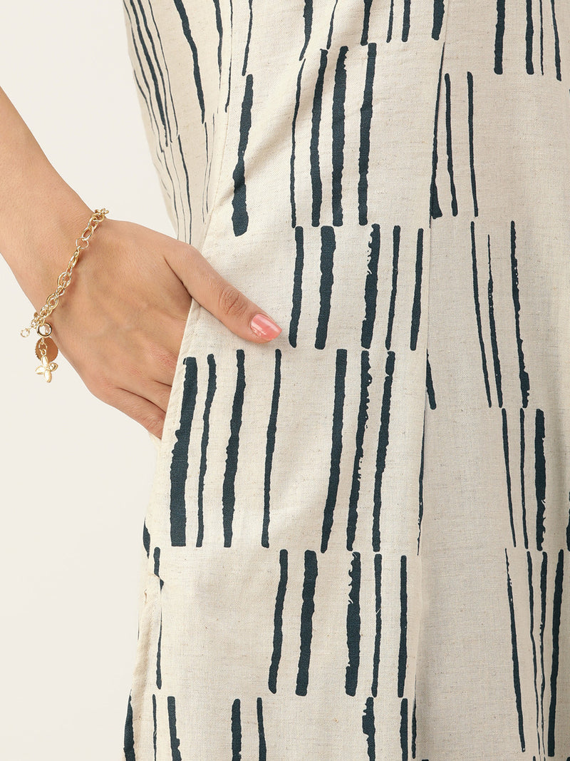Beige & Blue Printed Mandarin Collar Kurta