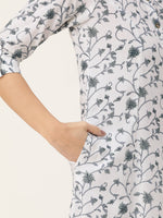 White Floral Printed Mandarin Collar Kurta