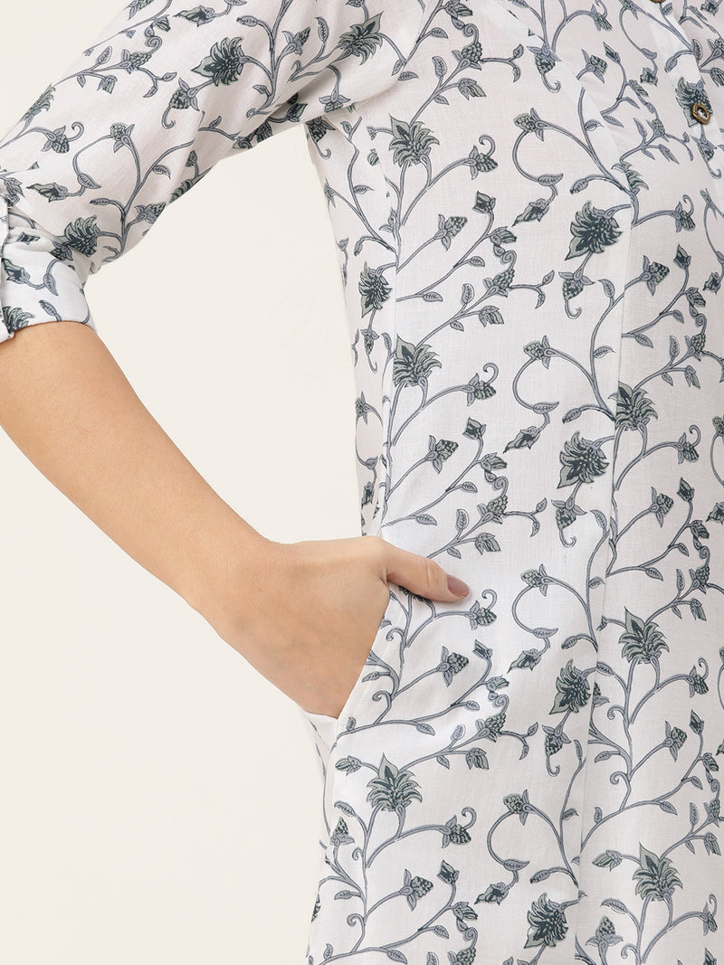 White Floral Printed Mandarin Collar Kurta