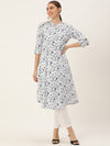 White Floral Printed Mandarin Collar Kurta