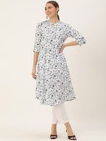 White Floral Printed Mandarin Collar Kurta