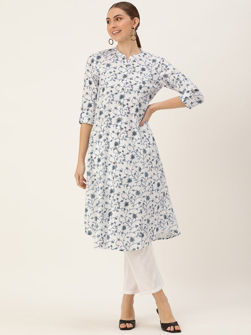 White Floral Printed Mandarin Collar Kurta