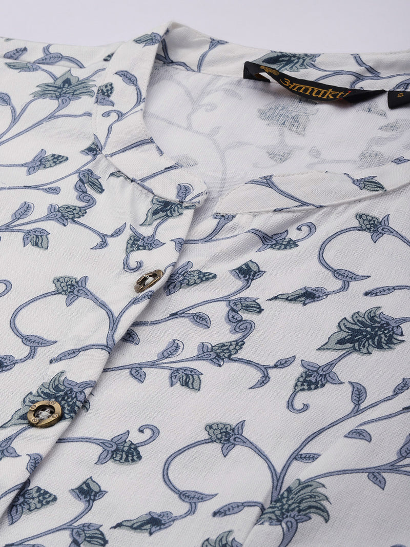 White Floral Printed Mandarin Collar Kurta