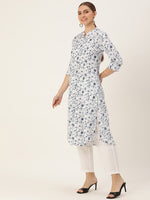 White Floral Printed Mandarin Collar Kurta
