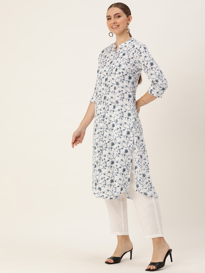 White Floral Printed Mandarin Collar Kurta