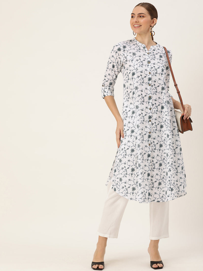 White Floral Printed Mandarin Collar Kurta