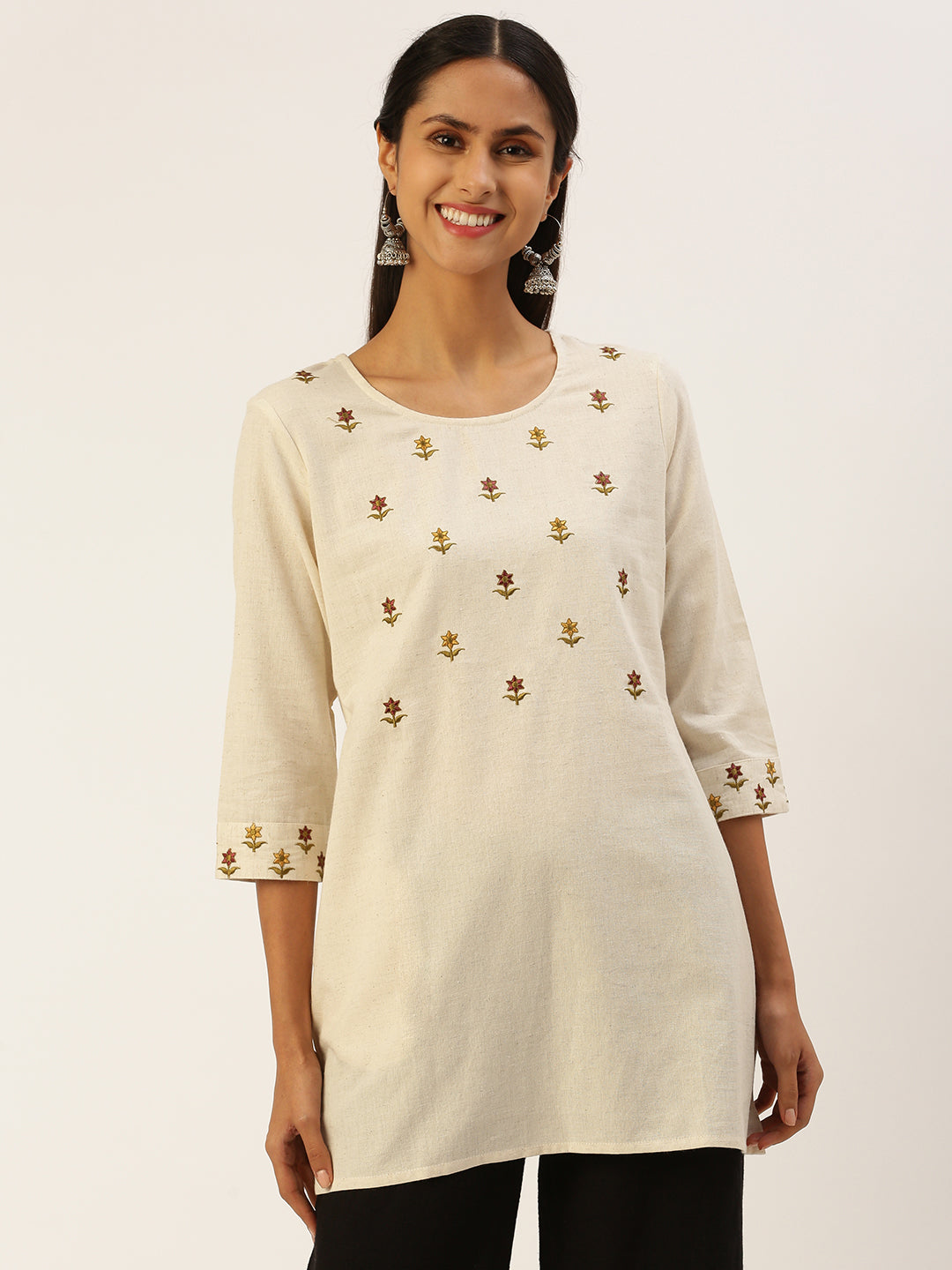 Beige Floral Embroidered Tunic