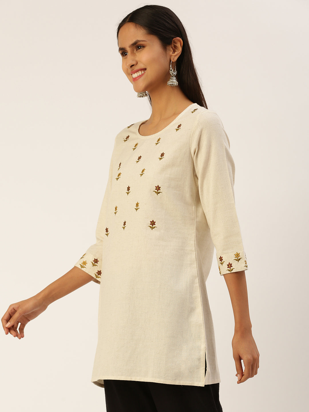 Beige Floral Embroidered Tunic