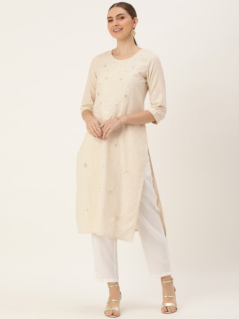 White Floral Embroidered Sequinned Kurta