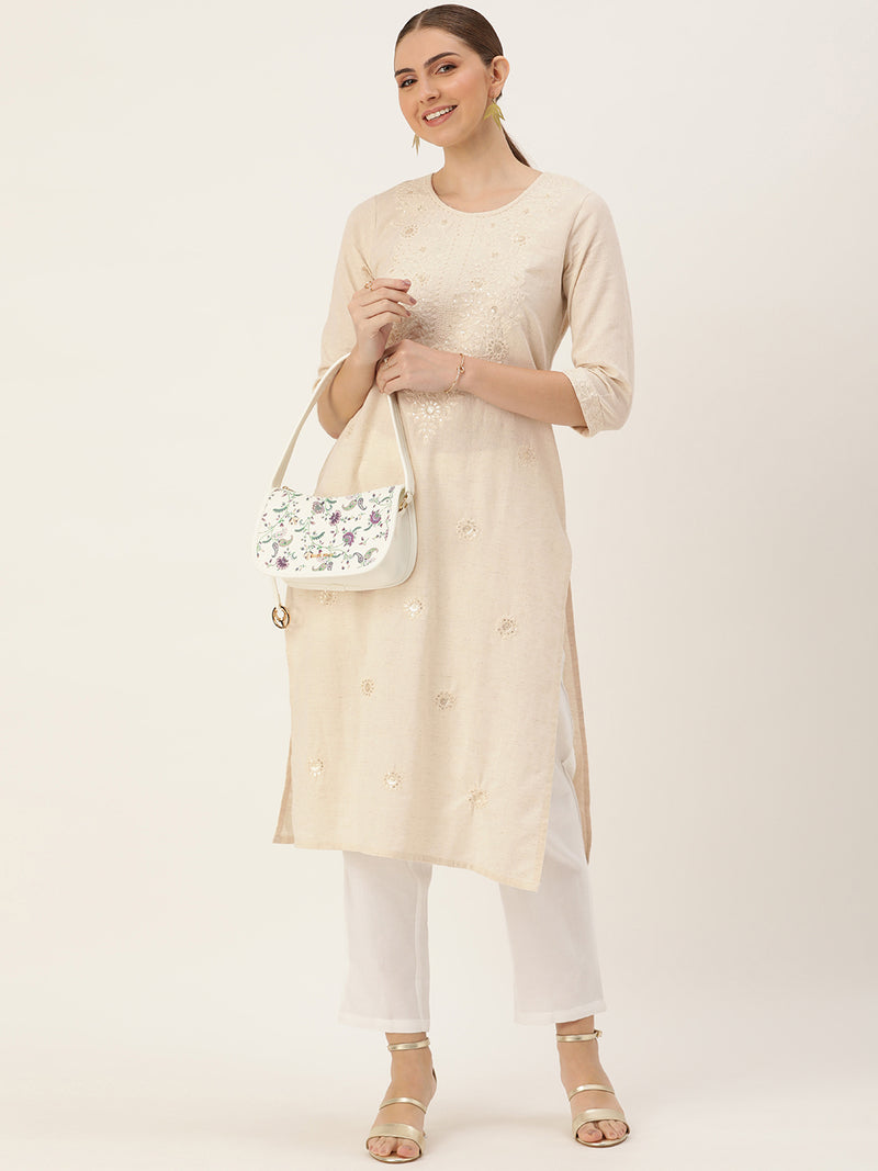 White Floral Embroidered Sequinned Kurta