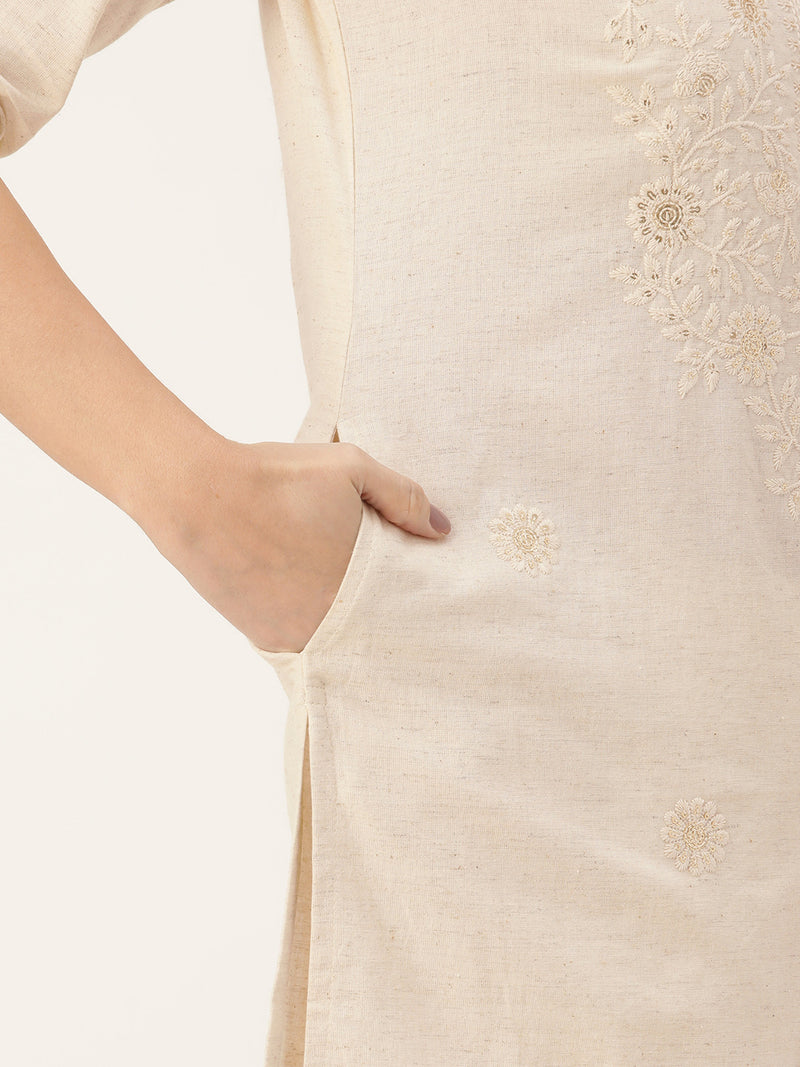 White Floral Embroidered Sequinned Kurta