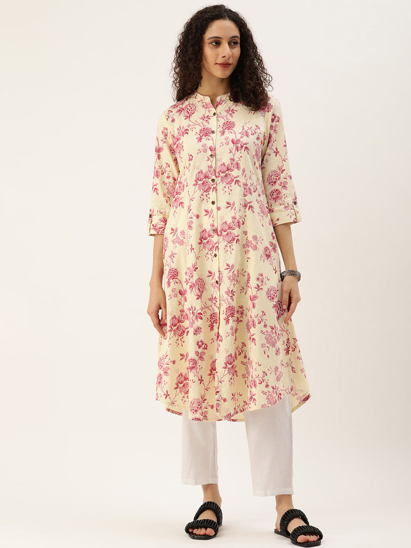 Beige and Pink Floral Printed Kurta