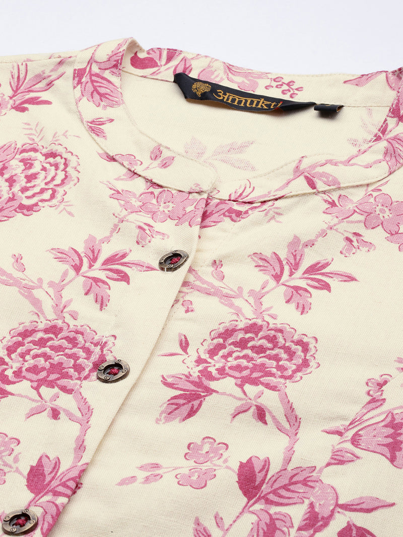 Beige and Pink Floral Printed Kurta