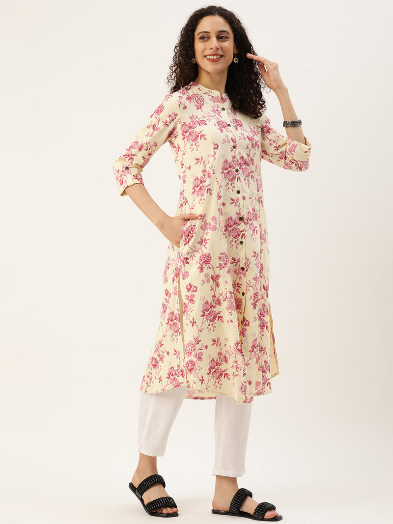 Beige and Pink Floral Printed Kurta