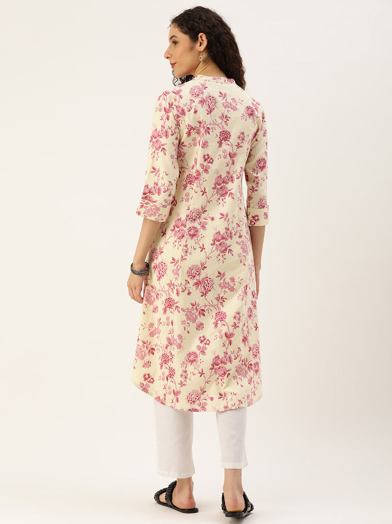 Beige and Pink Floral Printed Kurta