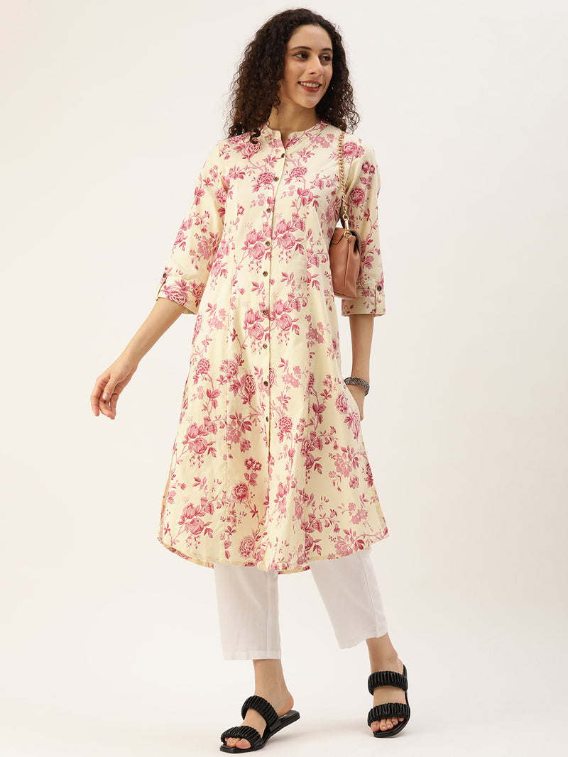 Beige and Pink Floral Printed Kurta