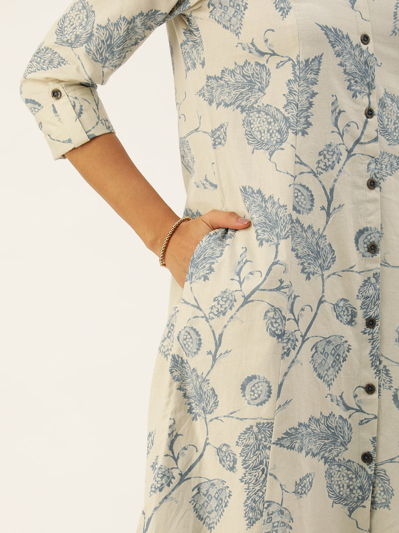 Beige & Blue Floral  Printed Kurta
