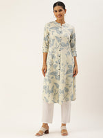 Beige & Blue Floral  Printed Kurta