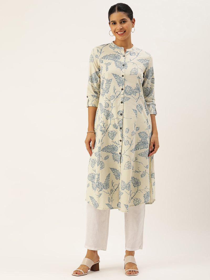 Beige & Blue Floral  Printed Kurta