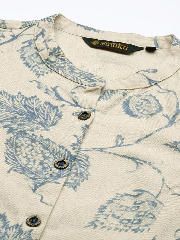 Beige & Blue Floral  Printed Kurta