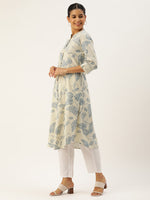 Beige & Blue Floral  Printed Kurta